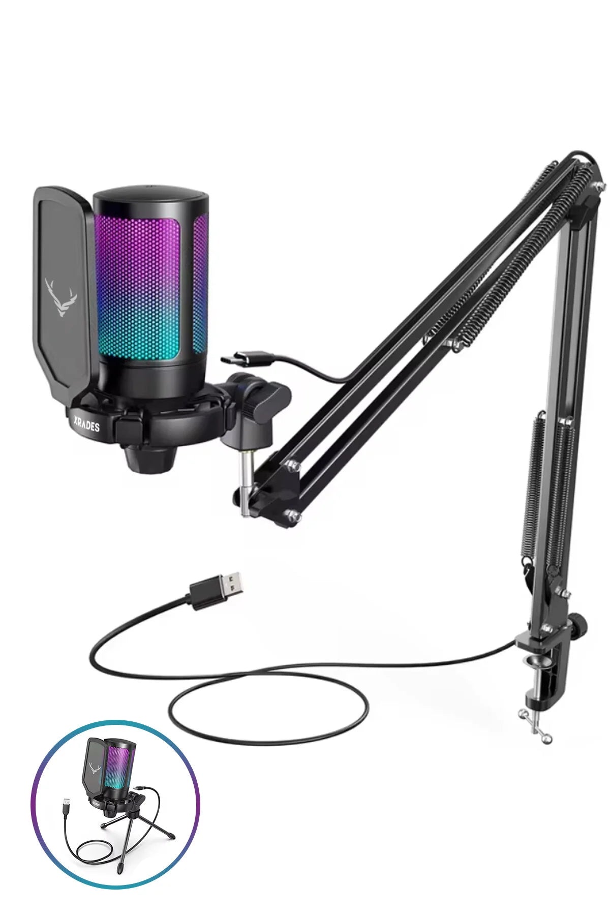 Xrades Professional 2 li Stand Youtuber  Gamer  Tiktok  Yayıncı Usb Rgb Mikrofon Seti