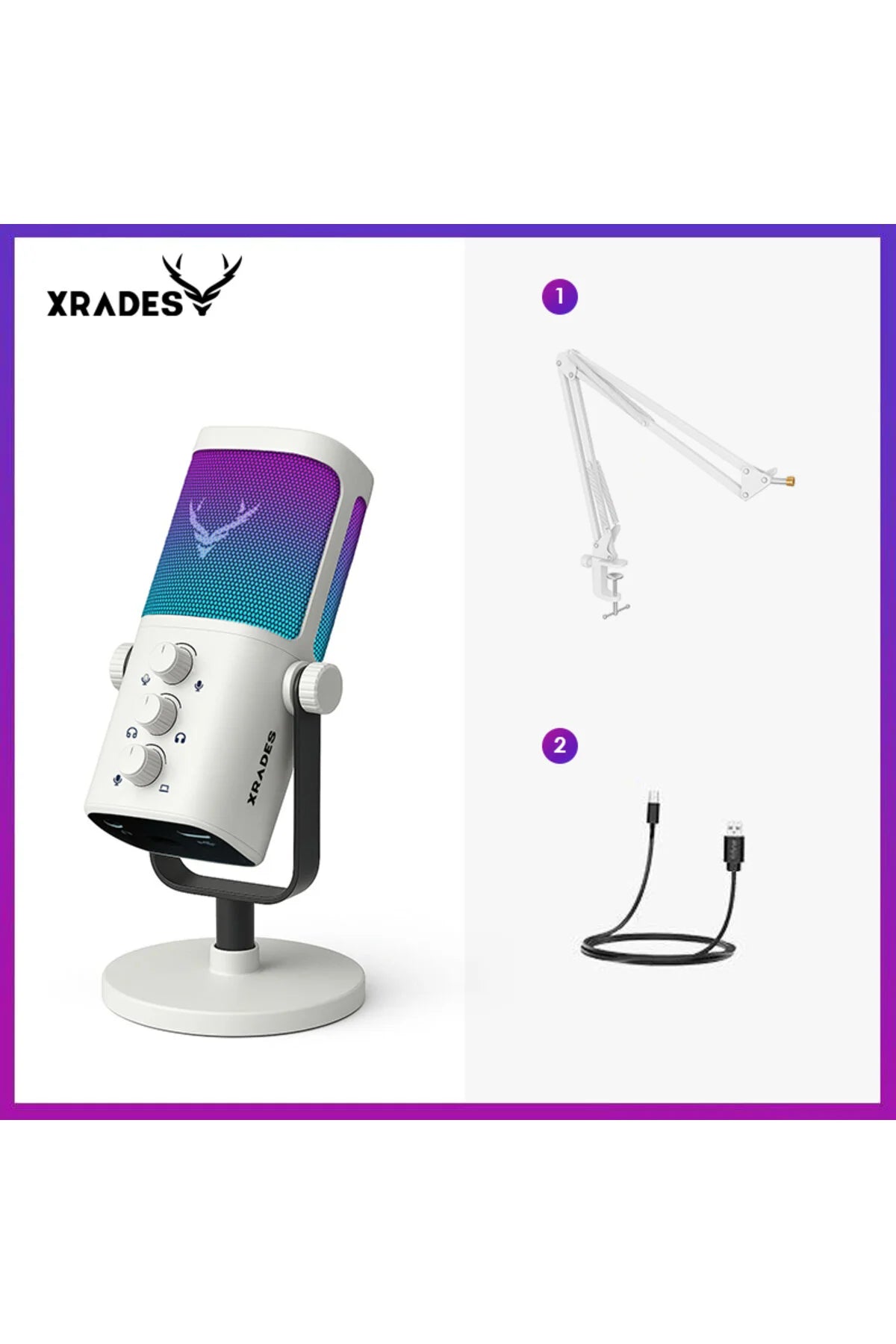 Xrades Professional 2 li Stand Youtuber Gamer Tiktok Yayıncı Usb Rgb Mikrofon Seti M3 PRO WHH